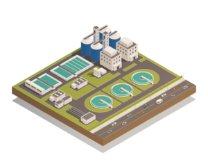 A decorative isometric illustration of a wastewater plant.