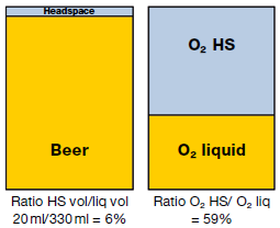 Two bar charts side by side. The first represents Ratio HS vol/liq vol 20 ml/330 ml = 6%. The second: Ratio O2 HS/ O2 liq = 59%