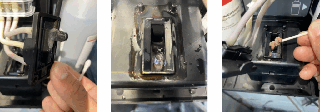 Three images showing heavy biofouling of the colorimetric cell and cleaning the analyzer.